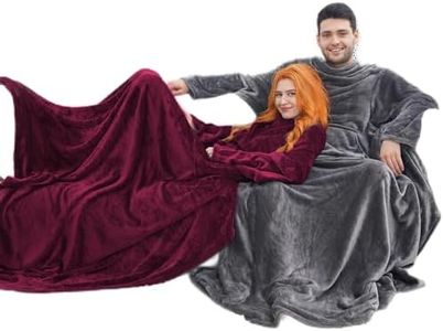 Plaid con Maniche e Tasca, Pile di Microfibra Colore Bordeaux 170x200 cm, Coperta Indossabile Flanella Divano con Le Maniche, Leggera e Calda