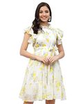 I ENTERPRISE Women's Georgette Yellow High Neck Short Sleeve A-line Dress Dress for Women|One Piece Dress for Women|Dress for Women Stylish|Western Dress|Dress for Women|Printed Dress