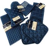 Kitchen Towel Set with 2 Quilted Pot Holders, Oven Mitt, Dish Towel, Dish Drying Mat, 2 Microfiber Scrubbing Dishcloths (Blue)