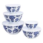 Amazon Basics 10-Piece Mixing Bowl Set with Lids - Non-Slip Base, Blue and White Floral