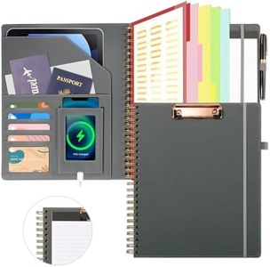 Grey Leather Spiral Padfolio Clipboard with Storage for Men, Portfolio 5 Folders with 10 Pockets, Foldable Organizer Binder with Elastic Strap Notepad