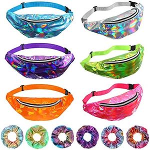 6 Pieces Holographic Fanny Pack Set Bachelorette Fanny Pack 80s Party Metallic Bag Adjustable Neon Waist Bag with 6 Pieces Hair Scrunchies for Women kids Rave Party, Metallic