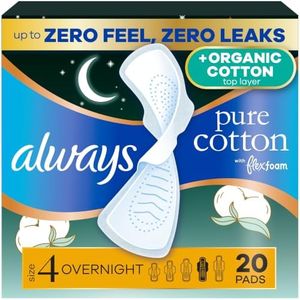 Always Pure Cotton FlexFoam Pads for Women, Size 4, Overnight Pad with Wings, Unscented, Made with an Organic Cotton Top Layer, 20 Count
