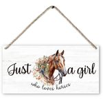 PHAMTE Just a Girl Who Loves Horse Horses Sign, Watercolor Funny Floral Horse Printed Wood Plaque Sign Wall Hanging, Horse Lover Hanging Wall Signs for Home Girls Room Horse Decor 12 x 6 Inches Wall Pediments