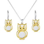 Personalize Two Tone Bird Animal Wise Graduate Dangling Owl Pendant Necklace Dangle Earrings Jewelry Set For Teen For Women Teen Yellow 14k Gold Plated .925 Sterling Silver Customizable