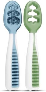 NumNum Baby Spoons Set, Baby Essentials Pre-Spoon GOOtensils for 6+ Months, First Stage Self-Feeding Spoons for Baby Led Weaning (BLW), Silicone Toddler Utensils, BPA-Free, 2 Pack Blue/Green
