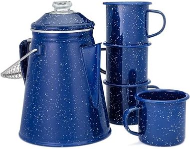 COLETTI Classic Camping Coffee Pot & Enamel Mug Set — Percolator Coffee Pot, Enamel Coffee Mug – Complete Nostalgic Bundle – German Imported Enamel Powder [12 oz, Set of 4] (Blue)