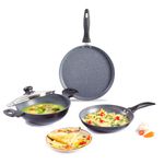 Wonderchef Duralite Die-Cast Non-Stick Pans 4 pcs Set | 24 cm Kadhai with Lid, 24 Cm Fry Pan, 28 cm Dosa Tawa | 1.2 L | Grey | 2 Years Warranty