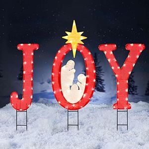 Christmas Joy Nativity Yard Sign, 45’’ Tall Outdoor Pre-lit Metal Marquee Letter Joy Sign Holiday Holy Family with 100 Warm White Lights Outdoor Decor for Lawn, Garden