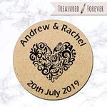 35 x Personalised Wedding Shabby Brown Kraft Effect Favour Round Stickers (35mm) Hearts (Design 1 - Black)