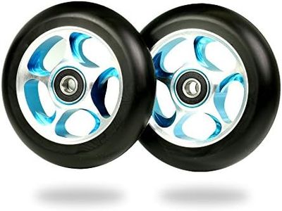 100mm Re-Entry Pro Scooter Wheels - Pair of 100mm Scooter Wheels - Freestyle Urethane - Scooter for Kids - 24mm x 100mm - Bearings Installed in Scooter Wheel - 90 Day Warranty - Scooter Parts, Black/Blue