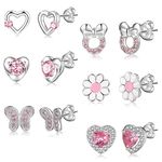 6Pairs 925 Sterling Silver Earrings for Girls Silver Stud Earrings for Women Hypoallergenic Earrings Tiny Heart Ball Sterling Silver Studs Earrings Sets for Teen Kids Toddler Pink Silver