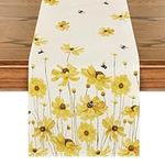 Artoid Mode Yellow Flowers Daisy Bees Summer Table Runner, Seasonal Easter Fall Holiday Kitchen Dining Table Decoration for Home Party Indoor 13x72 Inch