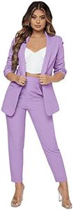 SweatyRocks Women's 2 Piece Solid Ruched Sleeve Blazer and Pants Business Office Suit Set Lilac Purple XS