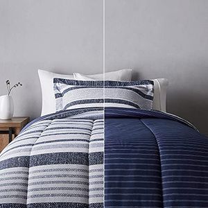 Amazon Basics Ultra-Soft Lightweight Microfiber Reversible Comforter 2-Piece Bedding Set, Twin/Twin XL, Blue Denim/Beige Stripes, Striped