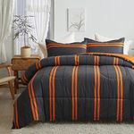 FlySheep 3 Pcs Modern Comforter Set Queen Size for Women, Bright Orange Striped on Black Soft Microfiber Reversible Bedding Set for All Season