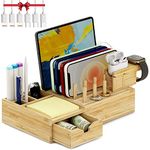 Darfoo Bamboo Charging Station Organizer for Multiple Devices with iWatch&Airpod Stand | Desktop Docking Station Organizer for iPhone, Android Phone, Storage Drawer (No USB Charger)