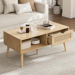 ZttRiee Wood Coffee Table with Storage, Boho Dining Table with Rattan Drawer and Solid Wood Legs, Small Coffee Tables for Living Room, Oak