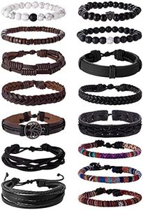 Tornito 15Pcs Braided Leather Bracelet String Wood Bead Woven Ethnic Boho Cuff Wrap Stretch Wristbands Bracelets Set for Men Women Size Adjustable