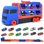 Donaky Car Transporter Toy Carrier Truck Toy Cars 3 Layers Foldable Design with 12 Race Cars Toy Car Set for 3 4 5 6 Year Old Kids Boys Girls, Blue