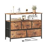 MUTUN 5 Drawer Dresser with Charging Station, Rustic Brown Fabric Dresser for Bedroom with Shelf, Storage Drawers, Chest of Drawers, Console Table for Entryway Hallway, TV Stand for Living Room