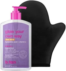 b.tan Dark Clear Self Tanning Gel with Mitt Kit | Glow Your Own Way Next Level Bundle - Quick Express Tanner Insanely Dark Gel for Face and Body with Applicator, Transfer-Proof, 16 Fl Oz