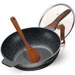 Wok&Frying Pan - Shenzone Nonstick Skillet with Lid and Wooden Spatula-12.6in Maifan Stone Cookware without Teflon - Flat Bottom for Gas&Electric Stove, Induction Cooktop