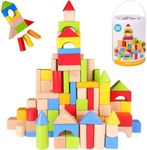 Pidoko Kids Wooden Building Blocks Set - 100 Pcs - Includes Carrying Container - Hardwood Plain & Colored Wood Block for Boys & Girls (100 Pcs)