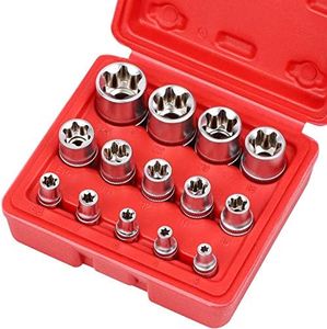 14-Pieces Female E-TORX Star Socket Set with Red Case, 1/4" 3/8" 1/2" Drive, Female External Star Socket Set, E4 - E24 Torque Socket Set