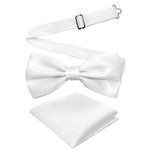 Cretty-Meet Adjustable Bowtie and Pocket Square Set Men Bowtie and Handkerchief Solid Color Double Fold Pre-Tied Bow Tie for Dinners, Weddings, Parties, Business, Proms - White