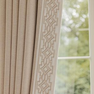 VisionaryHomeDesign Blackout Pinch Pleat Curtains with Embroidery Trim -Soft Beige Linen Blend Curtains for Living Room or Bedroom (50" W x 108" L)