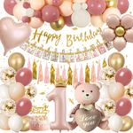 First Birthday Decorations for Girl, 1st Birthday Decorations Girl Happy Birthday Banner Cake Topper Bear Balloon Photo Banner Dusty Pink and Gold Balloons 1st Birthday Girl Decoration