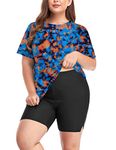 Inno 2 Piece Plus Size Rash Guard for Women, Short Sleeve with Boyshorts UPF 50+ Surfing Swimwear 1X 2X 3X 4X 5X 6X, Set (Shirt & Shorts), Floral 14, 6X