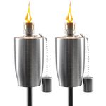 Matney Stainless Steel Torches – 5 ft Outdoor Oil Torch Lamp for Citronella - Garden, Lawn, Backyard Parties – Includes Fiberglass Wick and Snuffer Cap - Set of 2 (Silver Torch Set – Barrel)