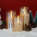 Eywamage Gold Glass Flameless Candles with Remote Timer, Flickering Battery LED Pillar Candles Set of 3, Christmas Decor