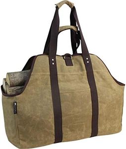 MYFIREPLACEDIRECT Waxed Canvas Log Carrier Tote Bag, Extra Large Durable Firewood Holder with Handles and Shoulder Strap, Heavy Duty Wood Carrying Bag for Fireplaces & Wood Stoves Khaki