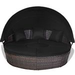 RELAX4LIFE Outdoor Round Daybed - Wicker Furniture Set w/Removable Cushions, Retractable Canopy, Height Adjustable Coffee Table, Sectional Sofa Set for Garden Lawn, Patio Conversation Set (Black)