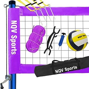 NQV Professional Portable Outdoor Purple Volleyball Net Set with Adjustable 3 Levels Height Steel Poles, Anti-sag System,Volleyball,Pump,Boundary Line and Carrying Bag for Backyard