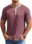 COOFANDY Henley Shirts for Men Classic Slim Fit Tee Vintage Basic Button Henley Shirts Short Sleeve Summer Fashion T Shirts Dark Red