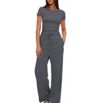 Womens Leisure Suits Tracksuit Womens Full Set Womens Loungewear Sets Y2K Short Sleeve Tops & Drawstring Wide Leg Trousers Skims Dupe Set 2 Piece Lounge Set for Women Women Co Ord Sets