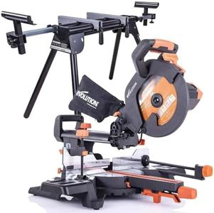 Evolution Power Tools R255SMS+ Mitre Saw, Saw, Multi-Material Cutting Blade, Chop Wood Metal Plastic, 45° Bevel, 50° Mitre Angle, 300mm Slide, 2000 W, 255 mm, Sliding Compound & Stand Bundle