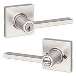 Weiser Casey Satin Nickel Front Door Handle with Lock, Reversible Square Exterior/Interior Door Handles with Lock, Keyed Entry Door Lever for Front Door, Bedroom, Bathroom & Office, Modern Home Decor