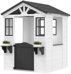 Cedar Wooden Kids Playhouse with Play Kitchen, Wooden Adventures Cottage for Backyard, Outdoor Toddler Playhouse for Kids with Vinyl Roof