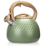 Tea Kettle, 2.5 Quart Green Finish with Wood Pattern, Stovetop Whistling Tea Pot，Food Grade Stainless Steel Teapot, Anti-Hot Handle