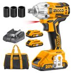 Ingco 20V Brushless Lithium-Ion Impact Wrench with 2Pcs 2.0Ah Batteries, 1Pcs Charger, 3Pcs Sockets, 1/2 Inch, 300NM CIWLI20013