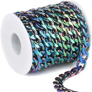 [16.5 Ft] Colorful Stainless Steel Cuban Chains Roll, 9mm Width 304 Stainless Steel Rainbow Curb Link Chains Spool Bulk for Jewelry Making