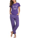 ISHOPEER Womens Cotton Pajama Set Short Sleeve Top and Long Pants Soft Pjs Sets Sleepwear Purple M