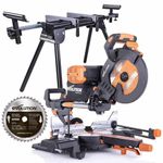 Evolution Power Tools R255SMS-DB+ 255mm Mitre Saw, Saw, Double Bevel Sliding Mitre Saw, Multi-Material Cuts Metal, Wood, Plastic & More - with Plus Pack Includes Clamps, Double Bevel & Stand Bundle