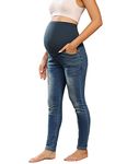 Maternity Jeans Baby Bump Front Leg Skinny Jeans with Pockets Dark Blue M