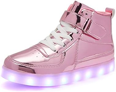 Bepoaa Kids LED Light up Shoes USB Charging Flashing Light Up High-top Sneakers for Boys and Girls Child Unisex, Mirror Pink, 1 Little Kid